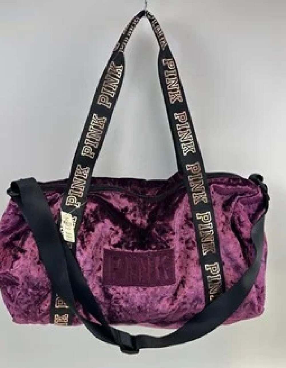 Victoria's Secret PINK Purple Crushed Velvet Duffel Bag with Glitter Logo Straps